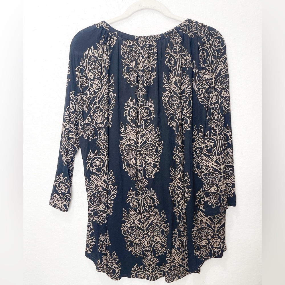 Lucky Brand Black Tan Boho Print 3/4 Sleeve Round Keyhole Neckline Too Size 3X - Picture 2 of 9